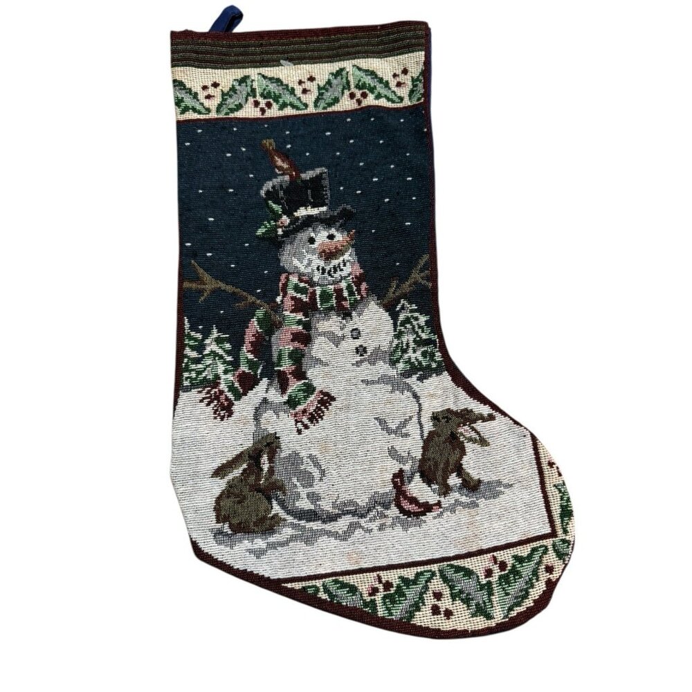 Christmas Stocking Snowman Holly Rabbits Trees Navy Blue Greenbrier Intl Holiday